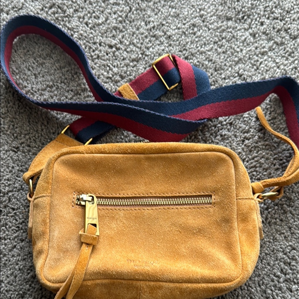 Margot Tan Suede Crossbody Bag with Multicolor Strap